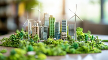 A miniature model of a sustainable city with skyscrapers and wind turbines.