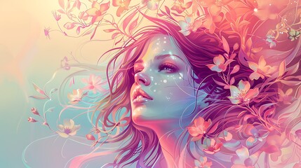 A vibrant illustration of a lady with flowing hair, adorned with floral elements and soft colors, set against a serene pastel background, highlighting her graceful expression. 8k UHD, suitable 