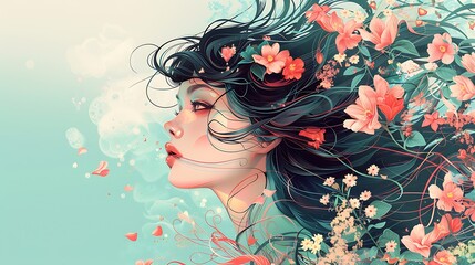 A vibrant illustration of a lady with flowing hair, adorned with floral elements and soft colors, set against a serene pastel background, highlighting her graceful expression. 8k UHD, suitable 