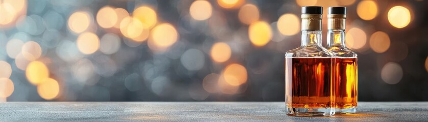 Whiskey bottles on bar counter, surrounded by soft bokeh lights, warm and inviting atmosphere, elegant presentation, rich amber glow, refined setting