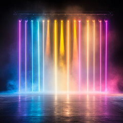 A colorful light show with neon lights in a dark room. The lights are arranged in a row, with each one having a different color. The lights are arranged in a way that creates a rainbow effect