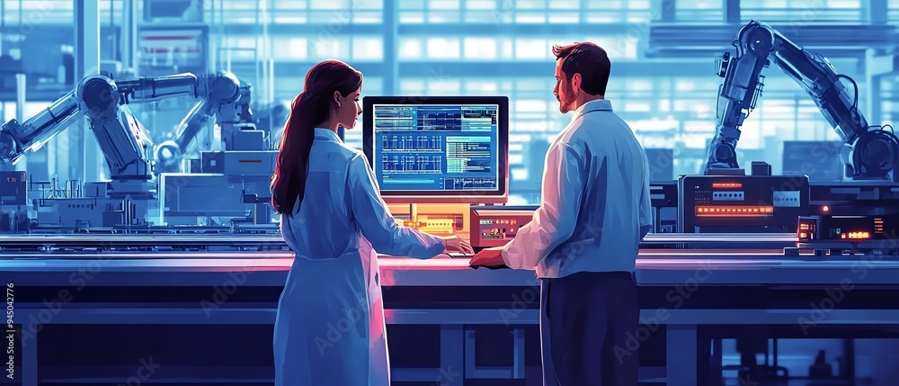 Poster electronics factory, male and female discussing with computer, augmented reality conveyor belt produ