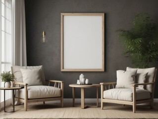 Modern Living Room Interior with Two Armchairs and Empty Frame