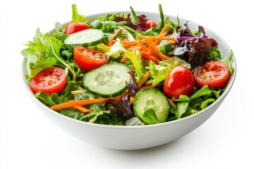 A fresh salad with greens, tomatoes, cucumbers, and carrots in a white bowl.