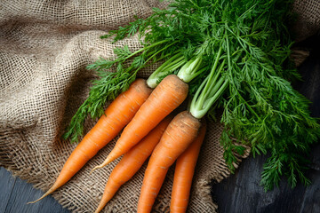 Carrots with green tops laid on a burlap sack