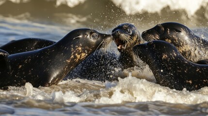 Obraz premium A group of dark seals on the beach, fighting, garbage flying, water pollution. A group of dark seals on the beach, fighting, garbage flying, water pollution