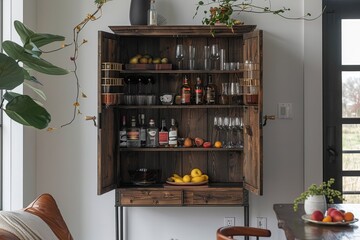 Industrial west mercantile bar cabinet with brass hardware, dark wood finish, and cast iron legs, featuring spacious storage and decorative top surface.