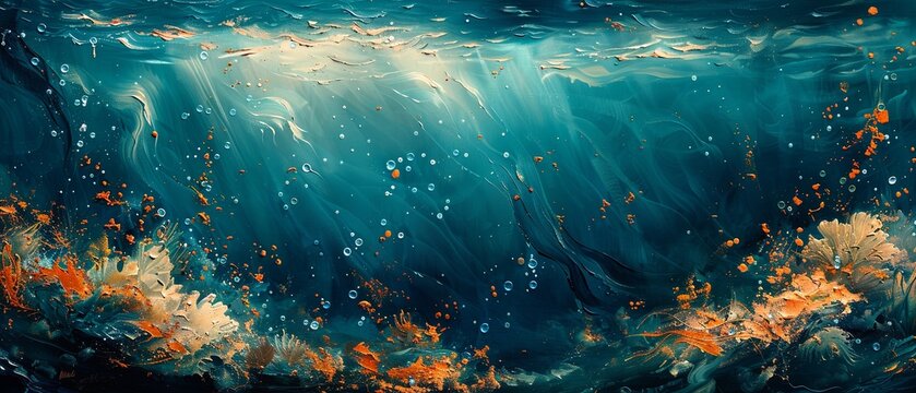 An underwater scene is depicted with heavy flowing strokes of paint mimicking water movement. 