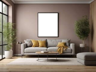 Modern Living Room with Grey Sofa, Yellow Pillows, and a Blank Canvas