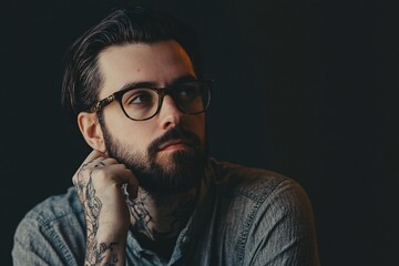 Fototapeta premium A contemplative man with glasses and tattoos, showcasing a thoughtful expression in a dimly lit setting.