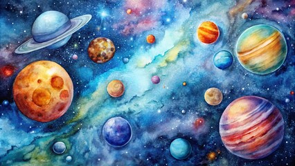 Watercolor of planets in outer space, representing cosmic exploration and beauty