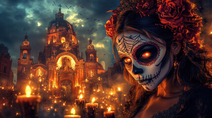 Mysterious woman with sugar skull makeup, surrounded by flickering candles,