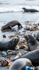 Marine pollution, environmental concepts, protecting the environment, seal, animal, sea, sea lion, mammal, wildlife, fur, lion, water, nature, ocean, galapagos, marine, beach, coast, rock,  sealion, a