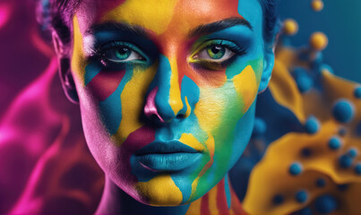 A woman's face is painted with vibrant colors, creating a striking visual contrast
