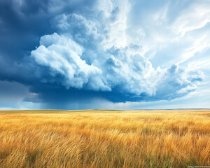 Obraz premium A stormy sky with a large cloud in the middle of a field. The sky is mostly blue with a few clouds scattered throughout. Scene is ominous and foreboding, as the storm clouds loom over the open field