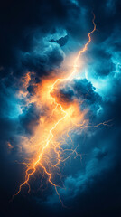 A stormy sky with lightning bolts and a blue sky. The sky is filled with dark clouds and the lightning bolts are bright and powerful. Scene is intense and dramatic
