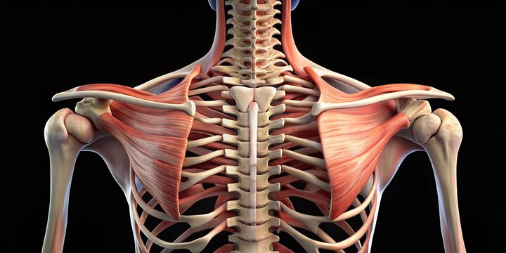 Detailed of human scapula anatomy with triangular shape, supraspinous fossa, infraspinous fossa, spine, acromion, and coracoid process in precise rendering