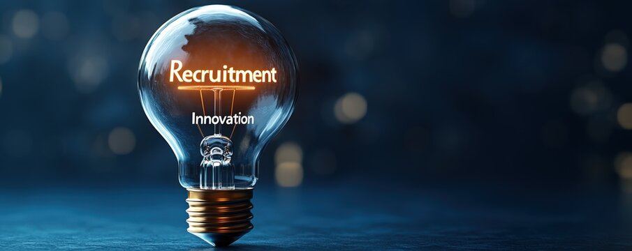 Light bulb with the words recruitment and innovation. Represents ideas and progress in the field of human resources and business.