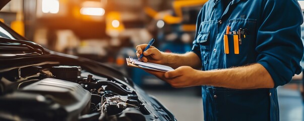 Engine inspection at car service shop, mechanic writing checklist, evaluating repairs and maintenance tasks on vehicle