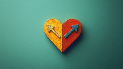 A heart divided into two colors with opposing arrows pointing in different directions, symbolizing complex emotions and decisions.