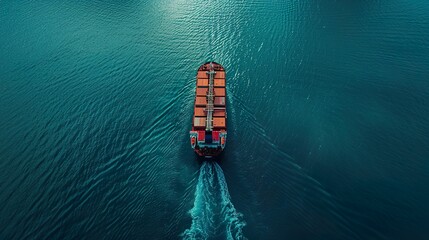 Aerial drone panoramic ultra wide photo of industrial truck size container tanker ship cruising in open ocean deep blue sea