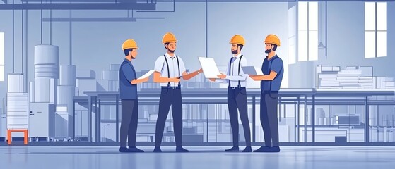 Engineer and foreman in factory, consulting with director about new production project, team management and investment strategy