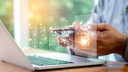Customer review satisfaction feedback survey concept, User give rating to service experience on online application, 5-star satisfaction, customer evaluation product service quality, good quality most.