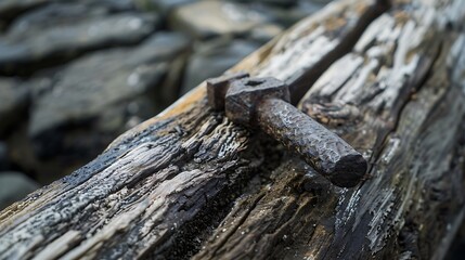 Weathered timber beam with a historic hand forged nail buried in it