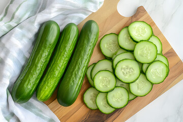 Whole And Sliced Cucumbers On A Cutting Board