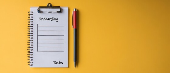 Top view of a spiral notebook with onboarding tasks list next to a pen on a vibrant yellow background, symbolizing organization and planning.