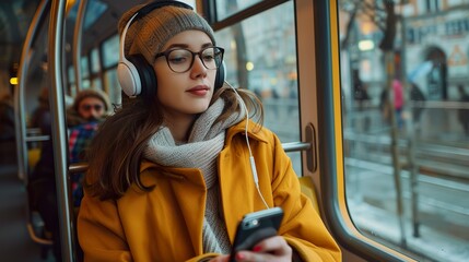 Young stylish woman using public transport, sitting with phone and headphones in the modern tram