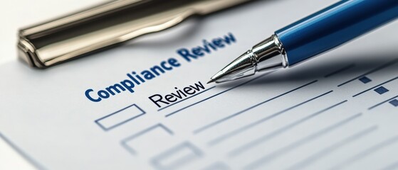 Close-up of a pen and clipboard with compliance review checklist. Business and auditing concept for organizational standards and regulations.