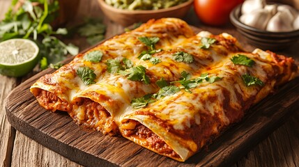 A delicious plate of enchiladas topped with cheese and cilantro, served on a wooden board.