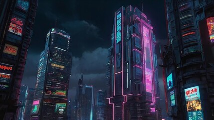 Obraz premium Cyberpunk-Inspired Urban Street with Glistening Reflections of Neon Signs