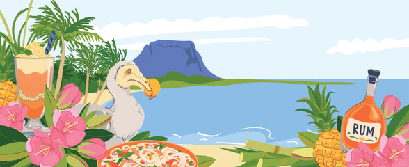 View from the beach to the panorama of Mauritius island and Le Morne Brabant mountain. Dodo bird, flowers trochetia boutoniana, pineapple, rum, cocktail. Vector landmarks in flat style. Paradise.