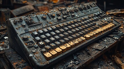 A dusty, old keyboard in an abandoned office, showing signs of neglect and the passage of time.