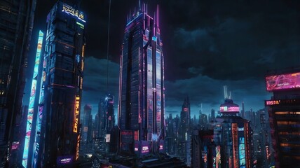 Obraz premium Cyberpunk-Inspired Urban Street with Glistening Reflections of Neon Signs