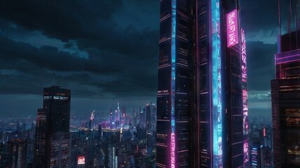 Obraz premium Cyberpunk-Inspired Urban Street with Glistening Reflections of Neon Signs