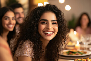 Fototapeta premium happy Indian friends taking a selfie at a dining table with food on it. People are sitting around the round dinner table and laughing.