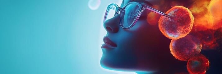 Naklejka premium A profile of a woman with glasses, featuring vibrant colors and abstract elements representing ideas.