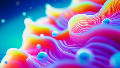 Abstract pattern with small wavy lines of red shades and blue bubbles, creating a sense of movement and energy