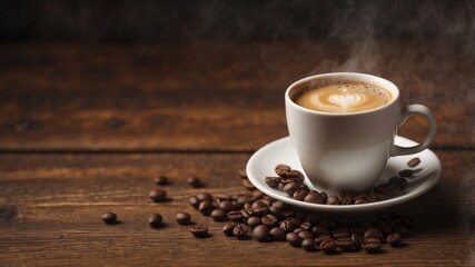 Fototapeta premium Hot coffee cup with coffee beans on a rustic wooden table.