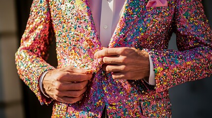 A close-up of a person adjusting a sparkling, colorful suit jacket.