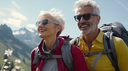 A middle-aged Caucasian couple traveling and hiking in the spring mountains, as well as spending time together after retirement. Tourism and pension concepts