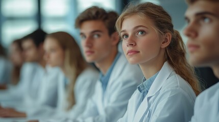 A group of people wearing white lab coats are sitting in a classroom