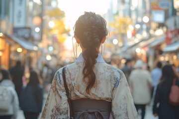 Obraz premium Woman in Kimono Walking Through Busy Street