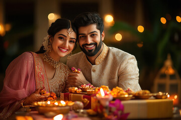Indian couple celebrating diwali festival