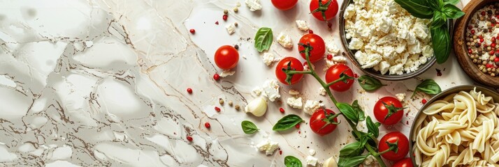 Bird's-eye view of a stylish Feta pasta dish featuring cherry tomatoes, feta cheese, garlic, and herbs, ideal for cooking tutorials with ample room for text.