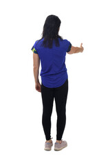 back view woman shaking hands with imaginary person on white background