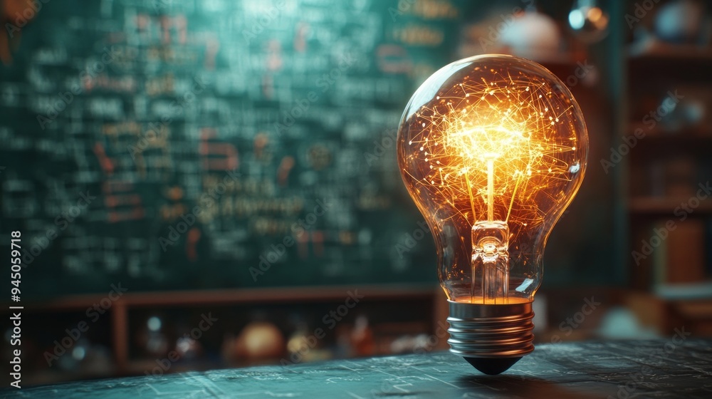 Aufkleber a light bulb is lit up in front of a chalkboard with equations and formulas